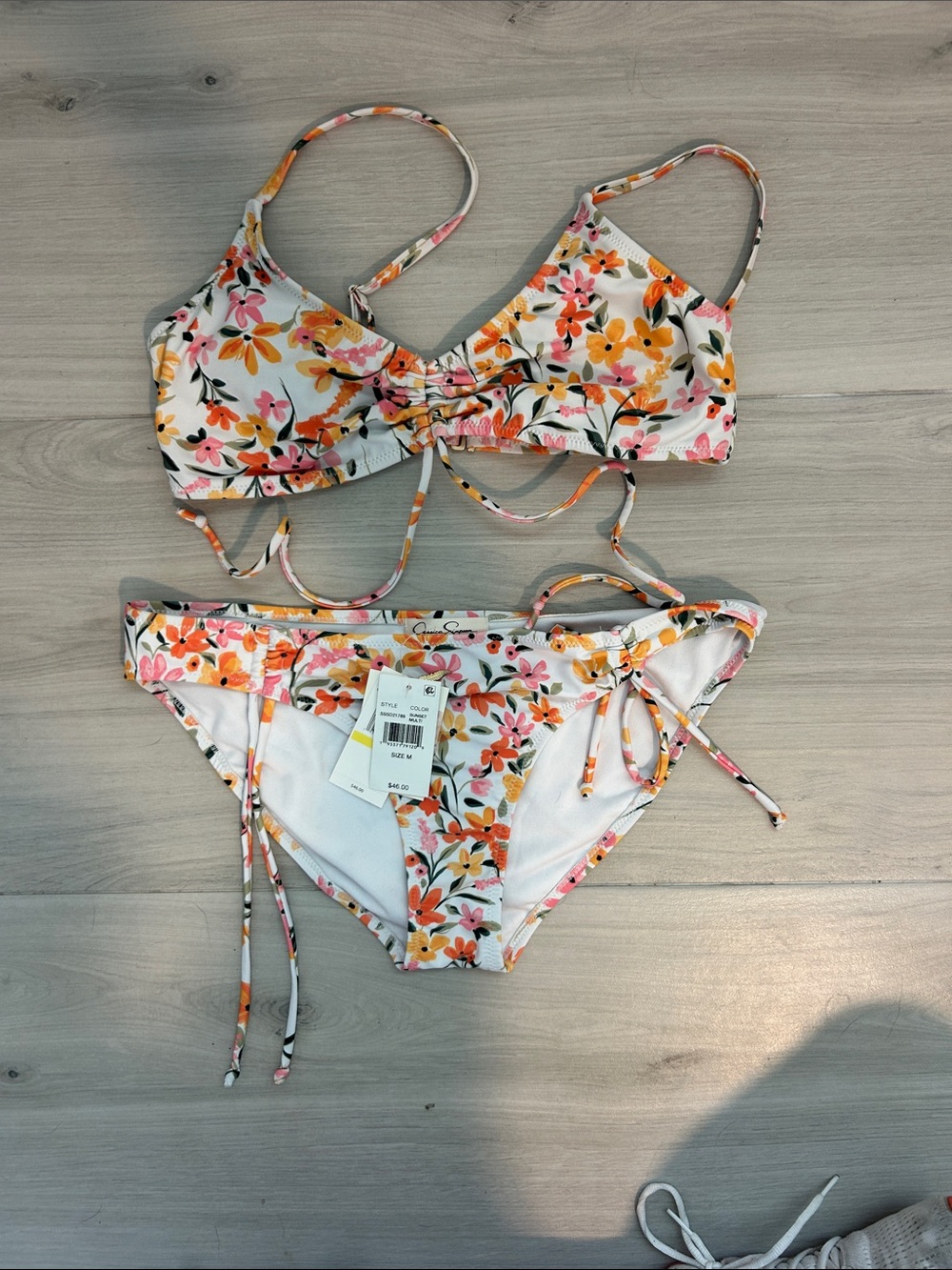 Jessica Simpson White Floral Tie-Front Bikini with Pink & Orange Flowers